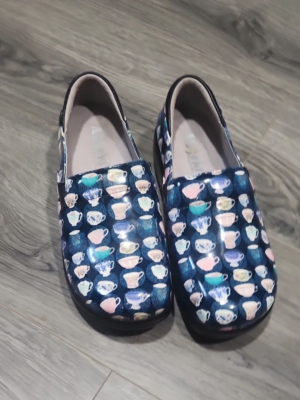 Alegria Navy Multi Teacup Print Clogs